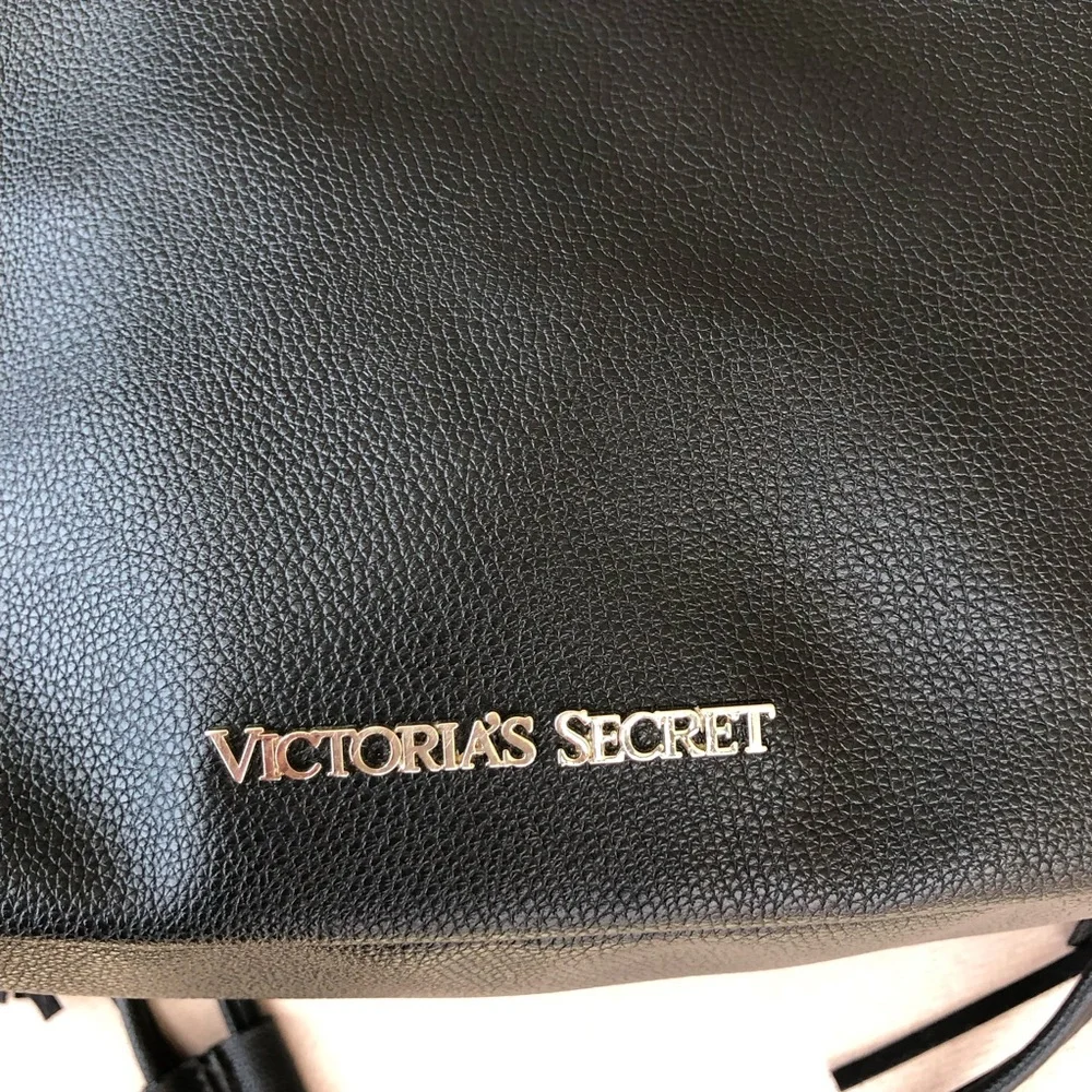 Victoria's Secret Black Fringe Drawstring Faux Leather Backpack